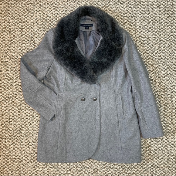French Connection Charcoal Faux Fur Collared Double-Breasted Wool Blend Pea Coat - Picture 3 of 16